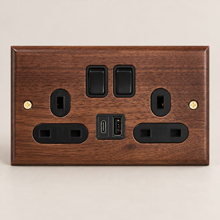 The Walnut and Brass Switch Plate, 2 gang 13A socket with USB Type-C