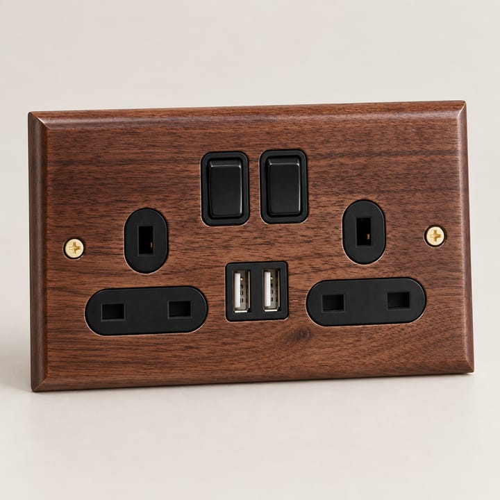 The Walnut and Brass Switch Plate, Double socket with USB
