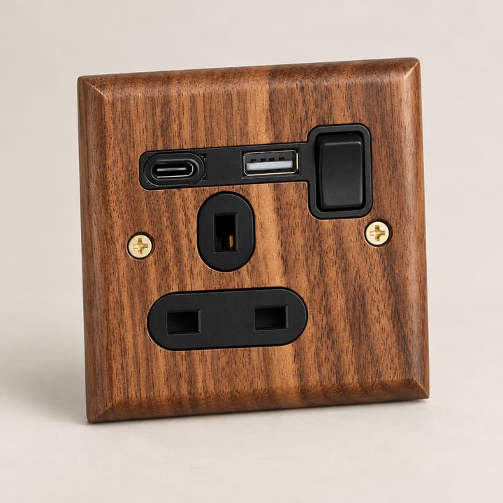The Walnut and Brass Switch Plate, 1 gang 13A socket with USB Type-C