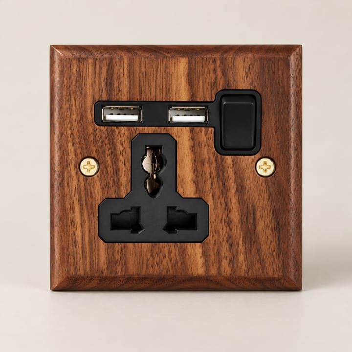 The Walnut and Brass Switch Plate, 3 pin universal socket with 2 USB