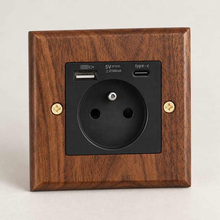 The Walnut and Brass Switch Plate, French socket with USB Type-C