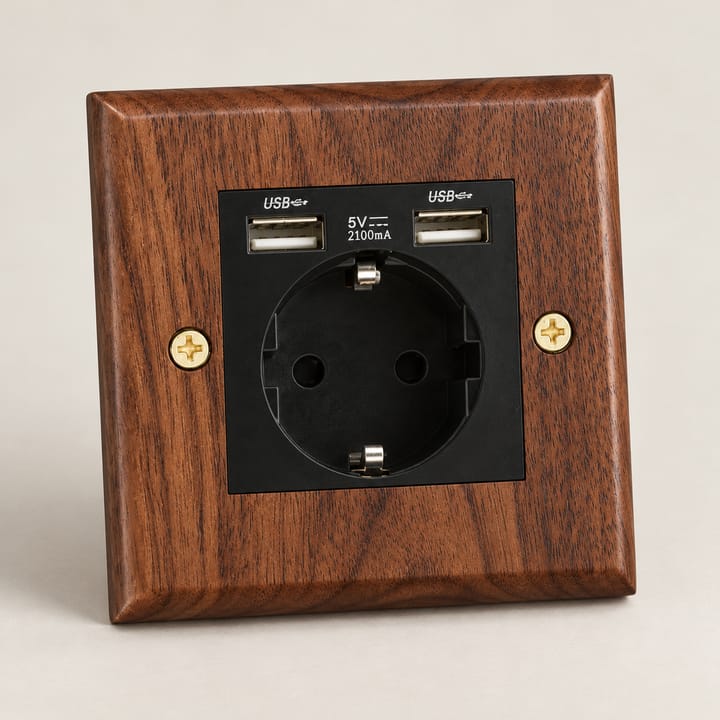 The Walnut and Brass Switch Plate, EU socket with USB