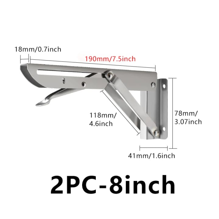 Fold / Swing-Up Stainless Shelf Bracket, 8 in, silver