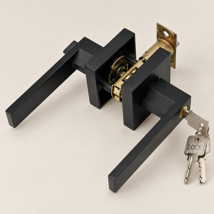 Square Channel Door Handle Lock Set, Black