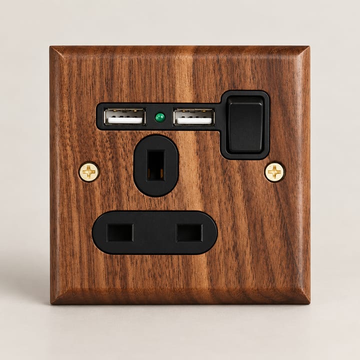 The Walnut and Brass Switch Plate, 1 gang 13A socket with USB