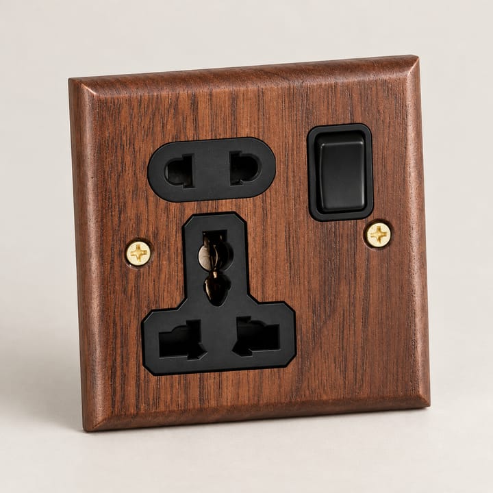 The Walnut and Brass Switch Plate, 1 gang 5 pin universal socket