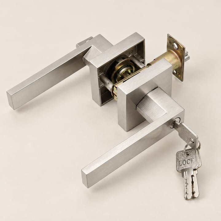 Square Channel Door Handle Lock Set, Silver