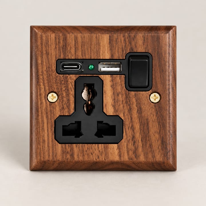 The Walnut and Brass Switch Plate, 3 pin universal socket with USB Type-C