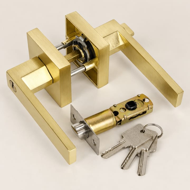 Square Channel Door Handle Lock Set, Gold