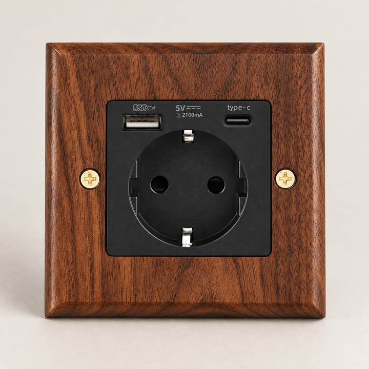 The Walnut and Brass Switch Plate, EU socket with USB Type-C