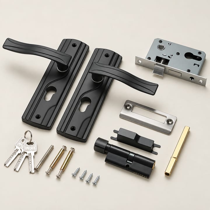 Black Manganese Steel Lever Door Handle Set, Black